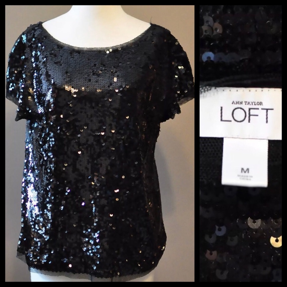 Ann Taylor LOFT Black Sequin Shirt Size Medium